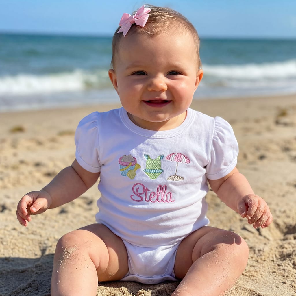 Baby Girl Monogrammed Onesie with Beach Embroidery