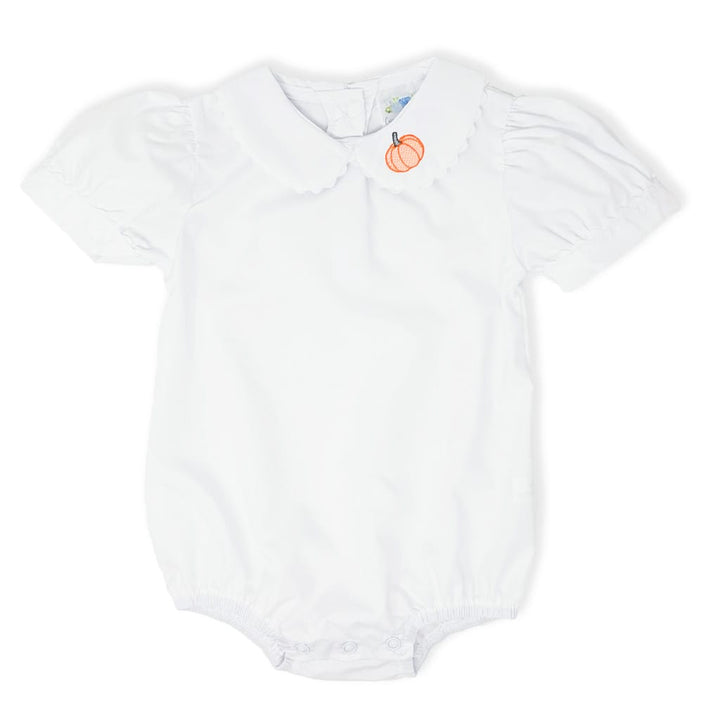 photo of a white pumpkin peter pan bodysuit with white ric rac around the collar and orange pumpkins