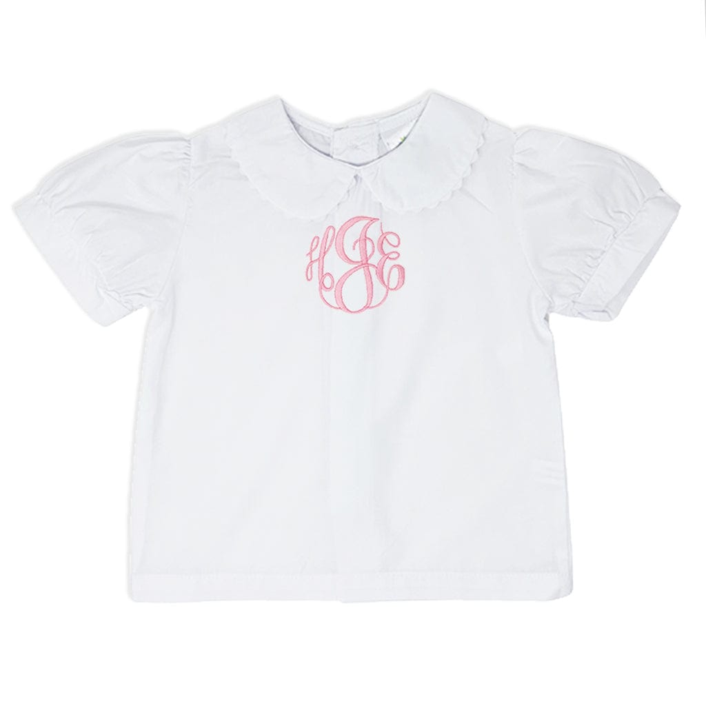 Girls white Peter Pan shirt with pink monogram