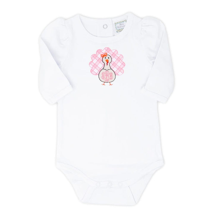 photo of a white turkey bodysuit with a pink monogrammed turkey on the front