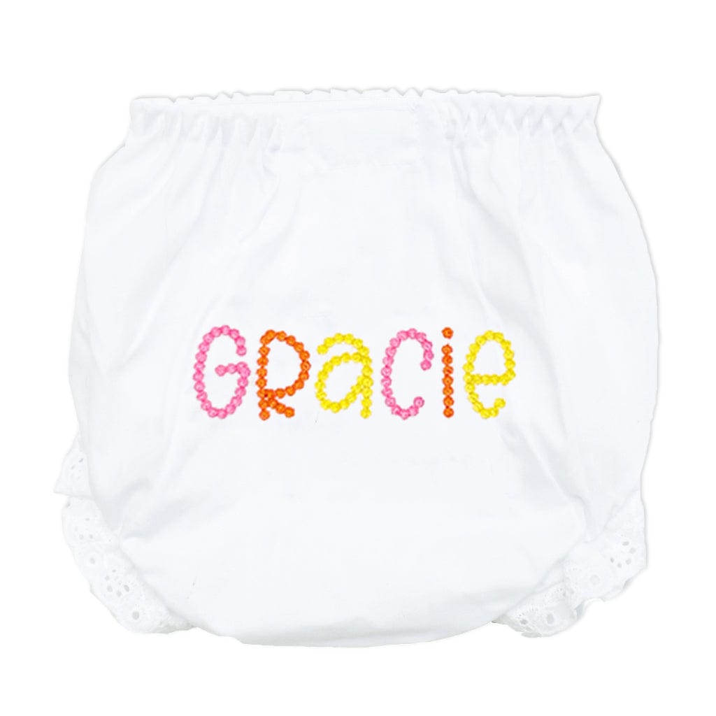 Monogrammed Baby Bloomers with polka dot ont