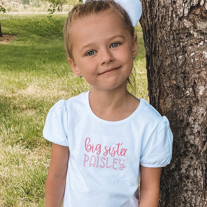 Monogrammed Big Sister T Shirt, Pink and White