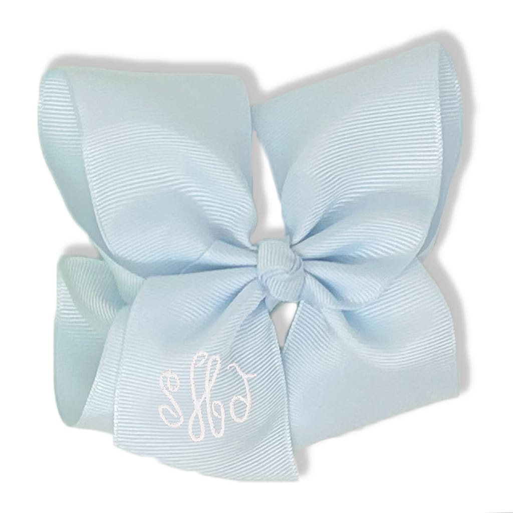 Ice Blue Hair Bow with White Monogram
