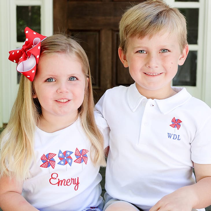 Monogrammed shirts for girls and boys, brother and sister outside