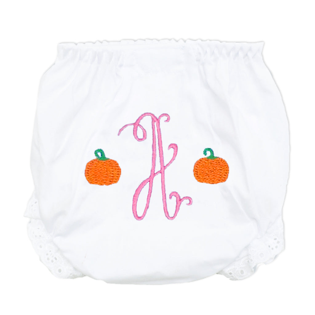 Classic baby girl bloomers with embroidered pumpkins and monogram for thanksgiving