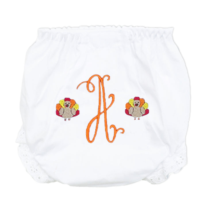 Thanksgiving baby girl diaper cover with embroidered turkey and personalized name