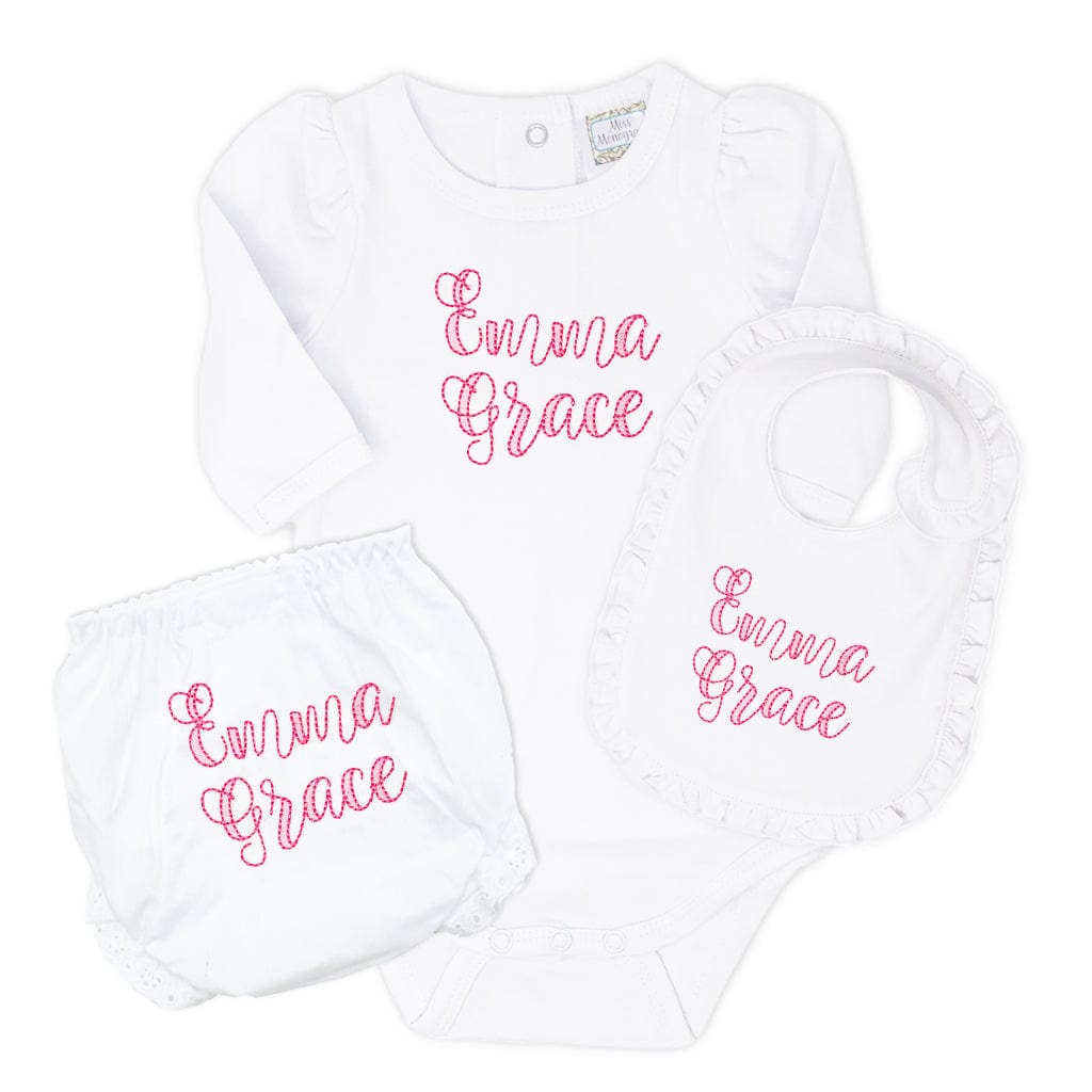 Emma Grace bodysuit, bloomers, and bib set