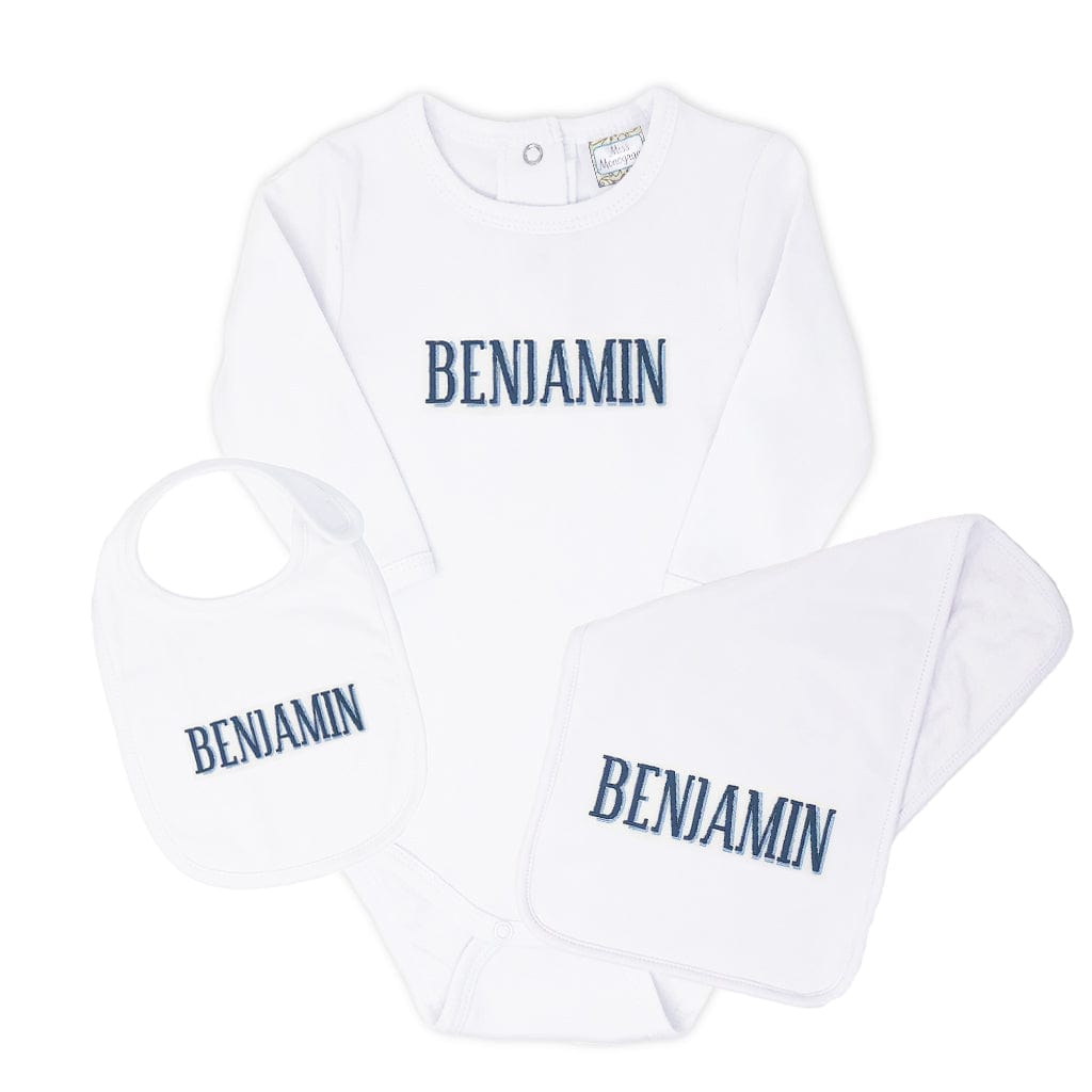 Benjamin bodysuit, bib, and burp cloth set
