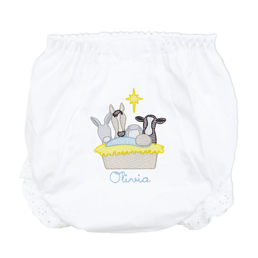 Christmas baby diaper cover with embroidered nativity scene, classic and festive