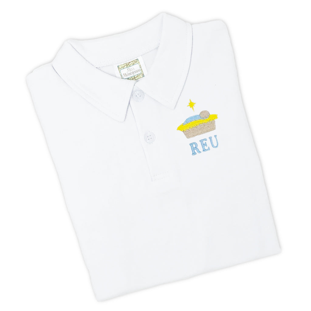 Christmas polo with personalized monogram and nativity manger scene embroidery, ideal for boys.