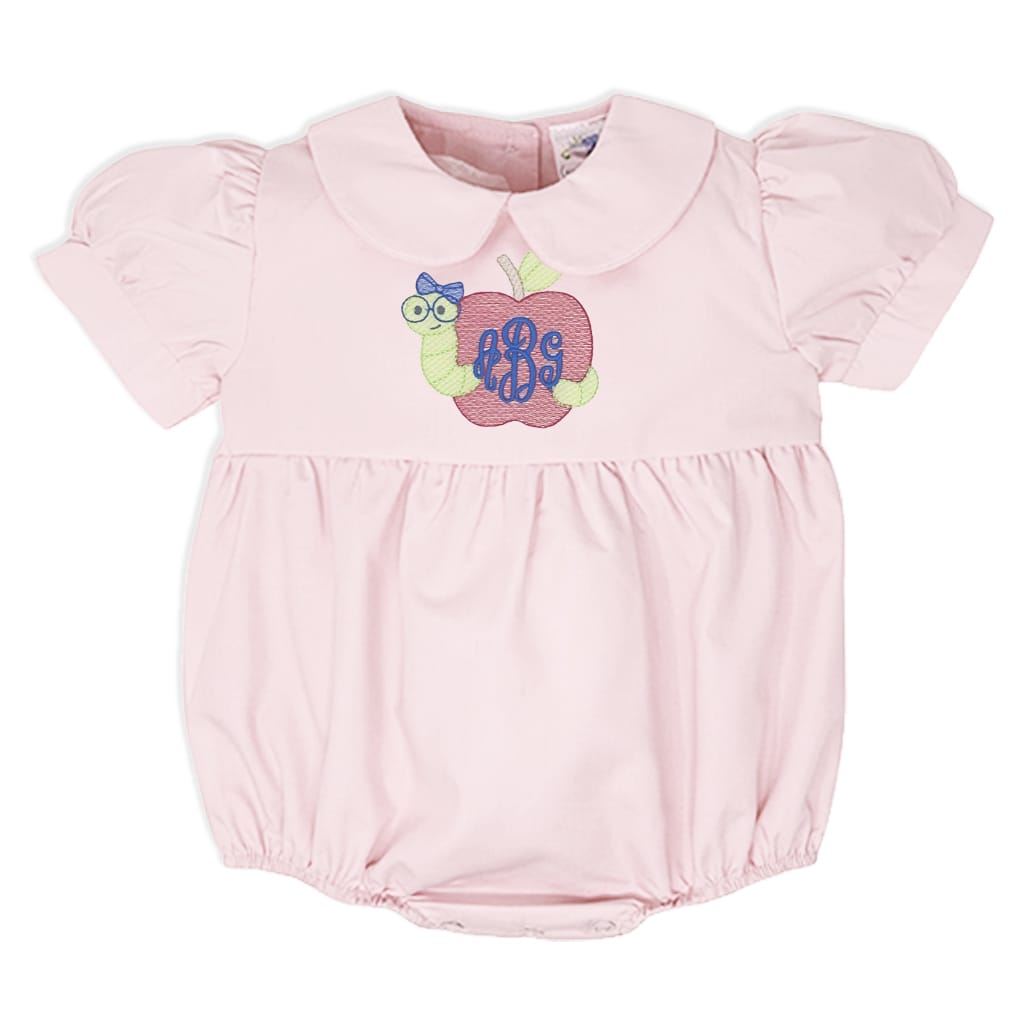 Pink bubble romper with embroidered bookworm design and monogram
