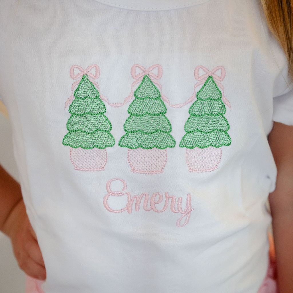 Embroidered Christmas Tree  tee for girls with pink bow, personalized for the holiday season