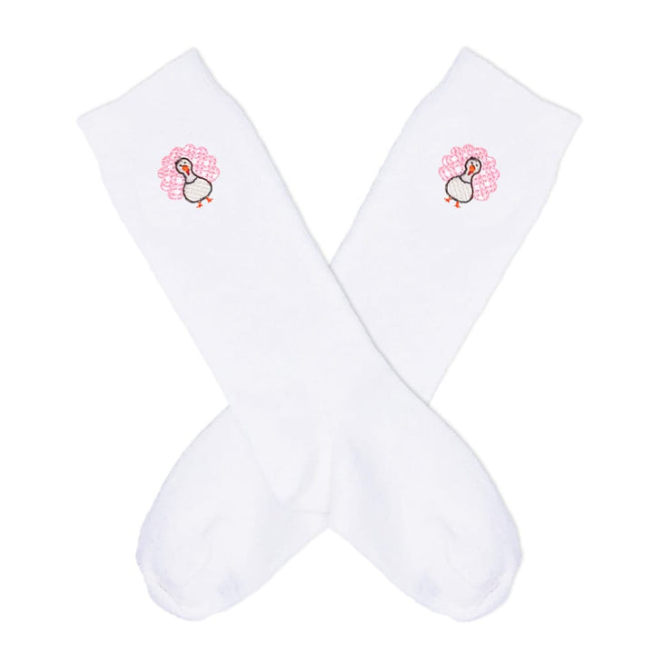 photo of white knee socks with pink turkeys and a ribbed top
