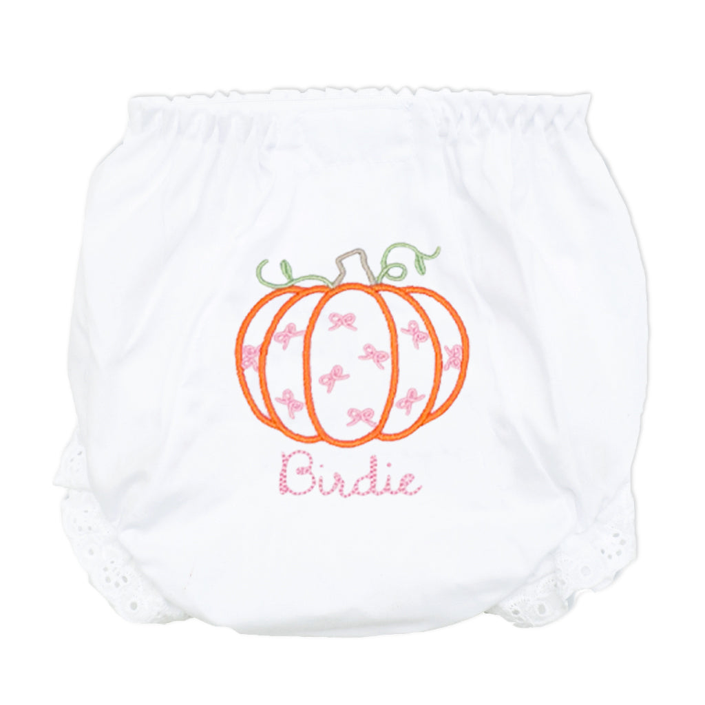 Preppy baby girl bloomers featuring a personalized pumpkin and bow design for fall