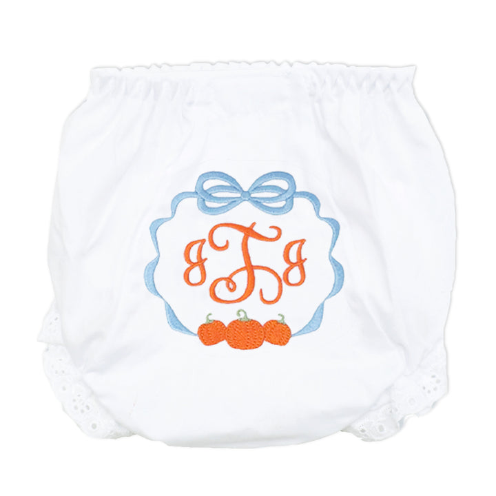 Classic preppy baby girl bloomers with monogram and fall-themed embroidery