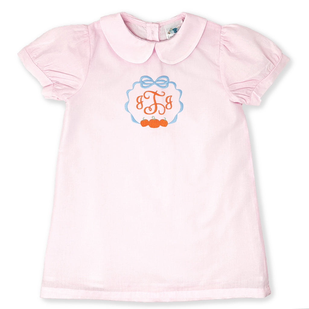 girl's dress with classic pumpkin embroidery and monogram for fall, halloween or thanksgiving 