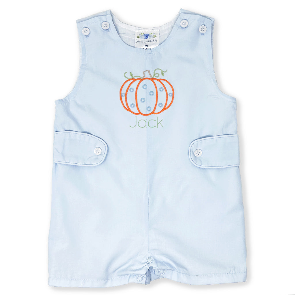 Autumn and fall inspired boy's Jon Jon with classic pumpkin embroidery, monogram, personalized name