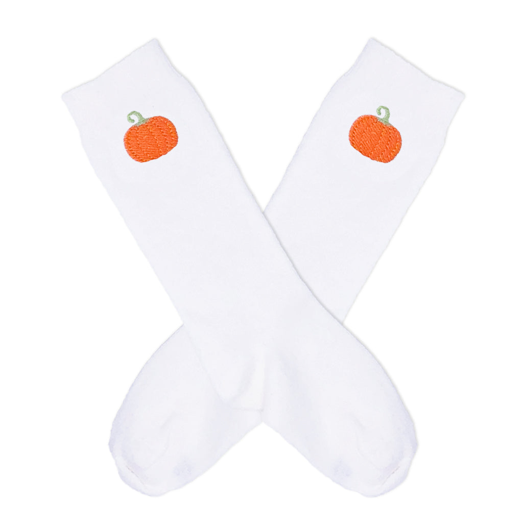 Classic knee socks for girls with monogram and embroidered pumpkins for fall thanksgiving or halloween