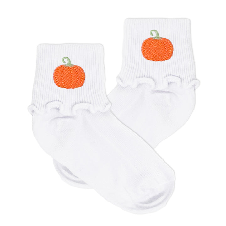 Ruffle girl's socks featuring a fall pumpkin  design