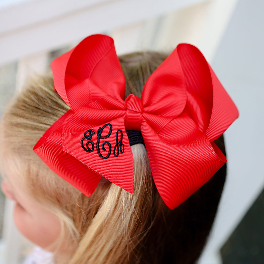 Red Hair Bow with Black Monogram