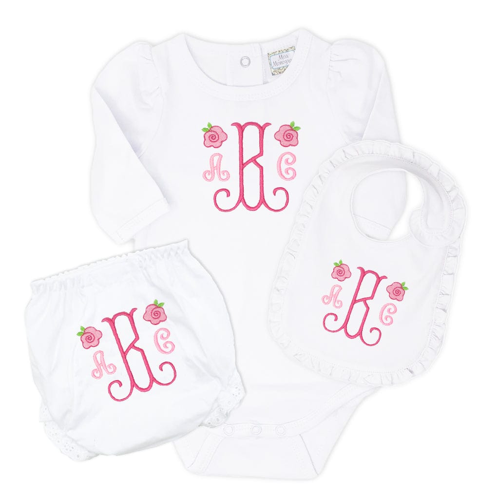 Baby girl's monogrammed roses bodysuit, bloomers, & bib set