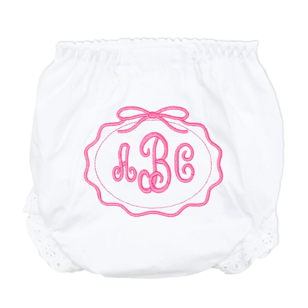 Personalized Diaper Cover with hot pink monogram and scallop bow frame