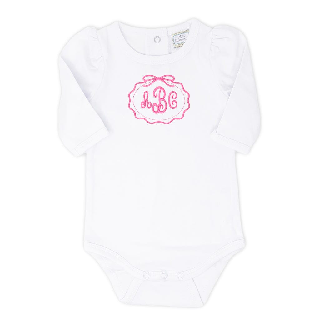 White baby onesie with hot pink monogram and scallop frame with bow