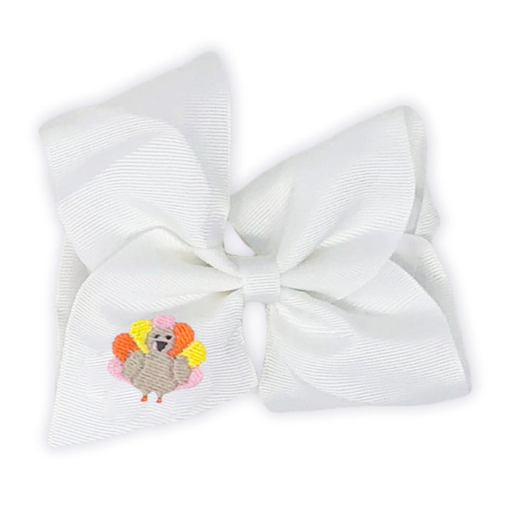 Personalized girl's hair bow with embroidered turkey for thanksgiving