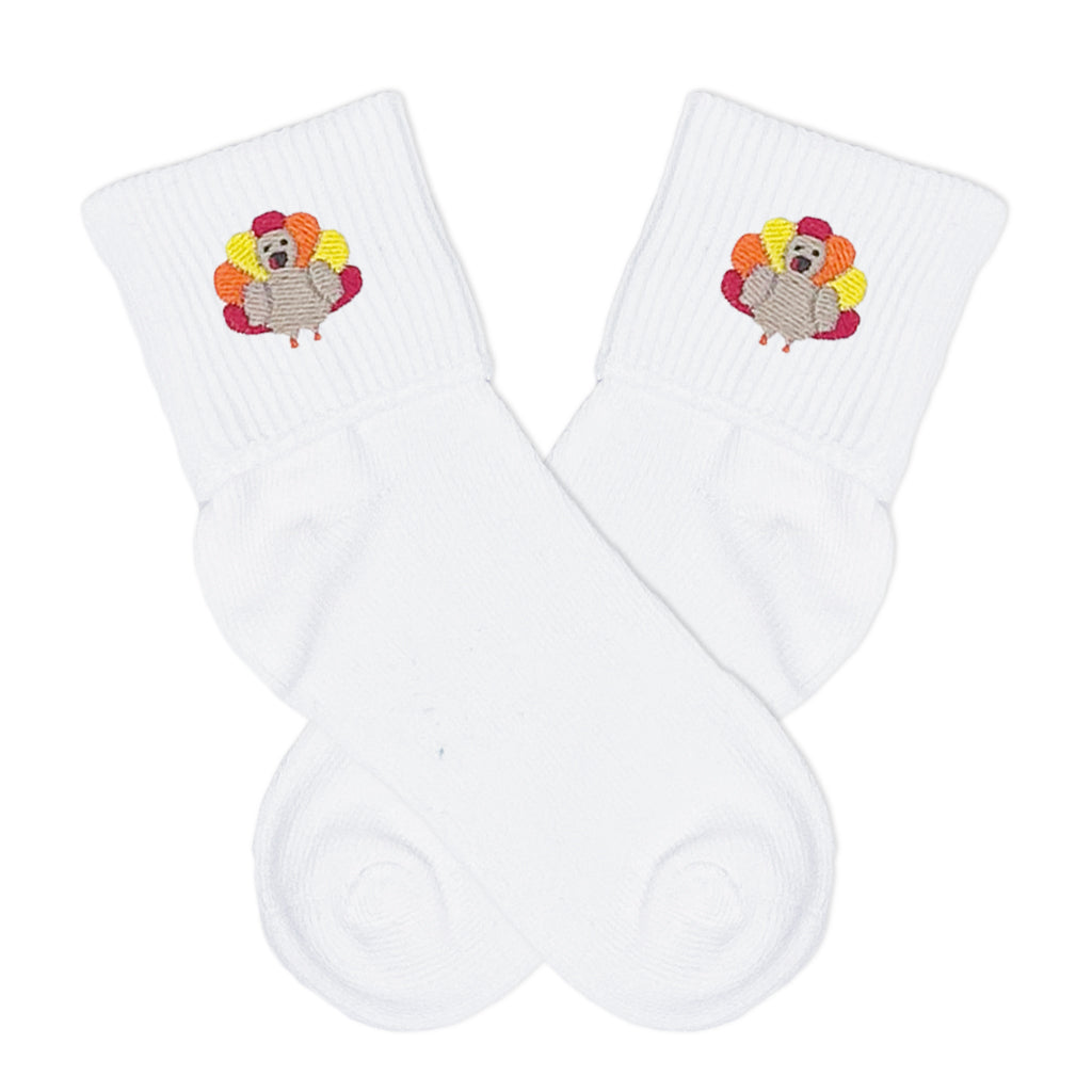 boy's fold over socks with embroidered turkey perfect for any Thanksgiving outfit