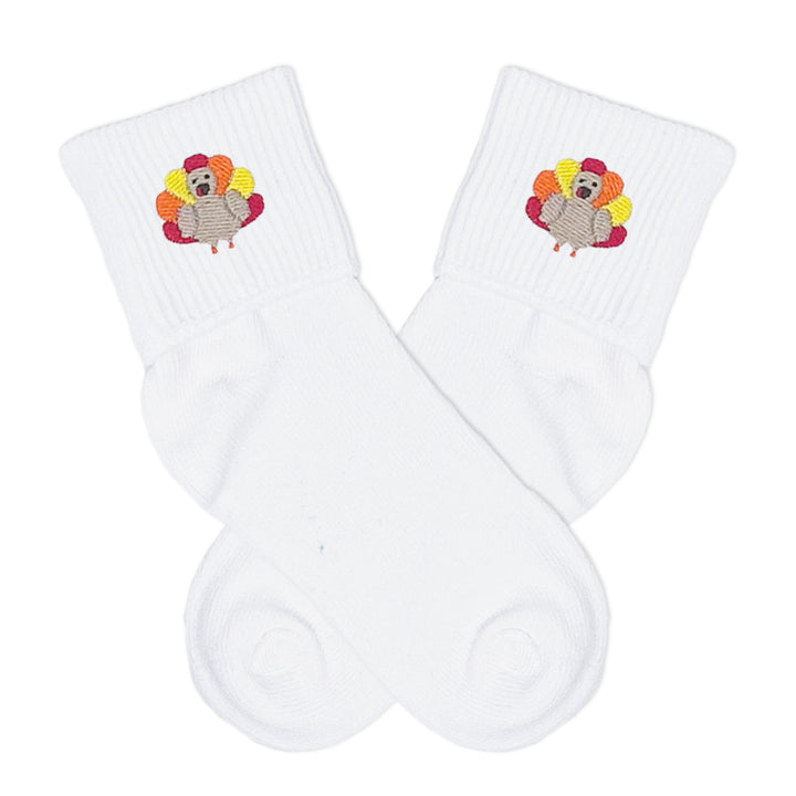 boy's fold over socks with embroidered turkey perfect for any Thanksgiving outfit