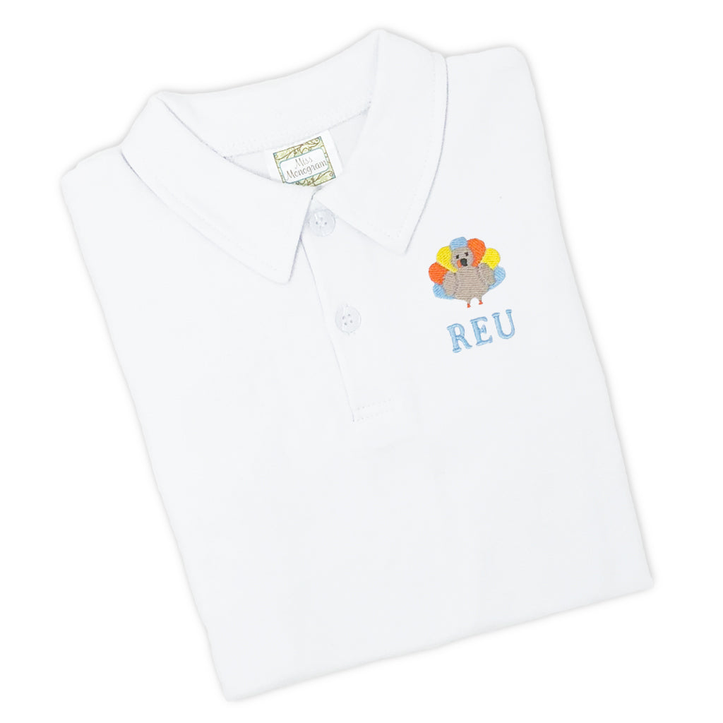 Classic preppy boy's polo shirt with monogram and fall-themed turkey embroidery for thanksgiving and hunting season