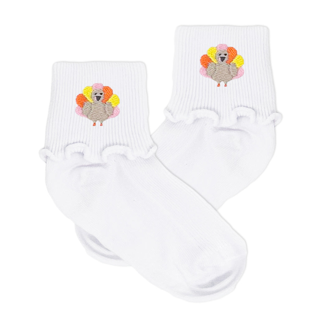 Preppy ruffle girl's socks featuring a fall turkey design