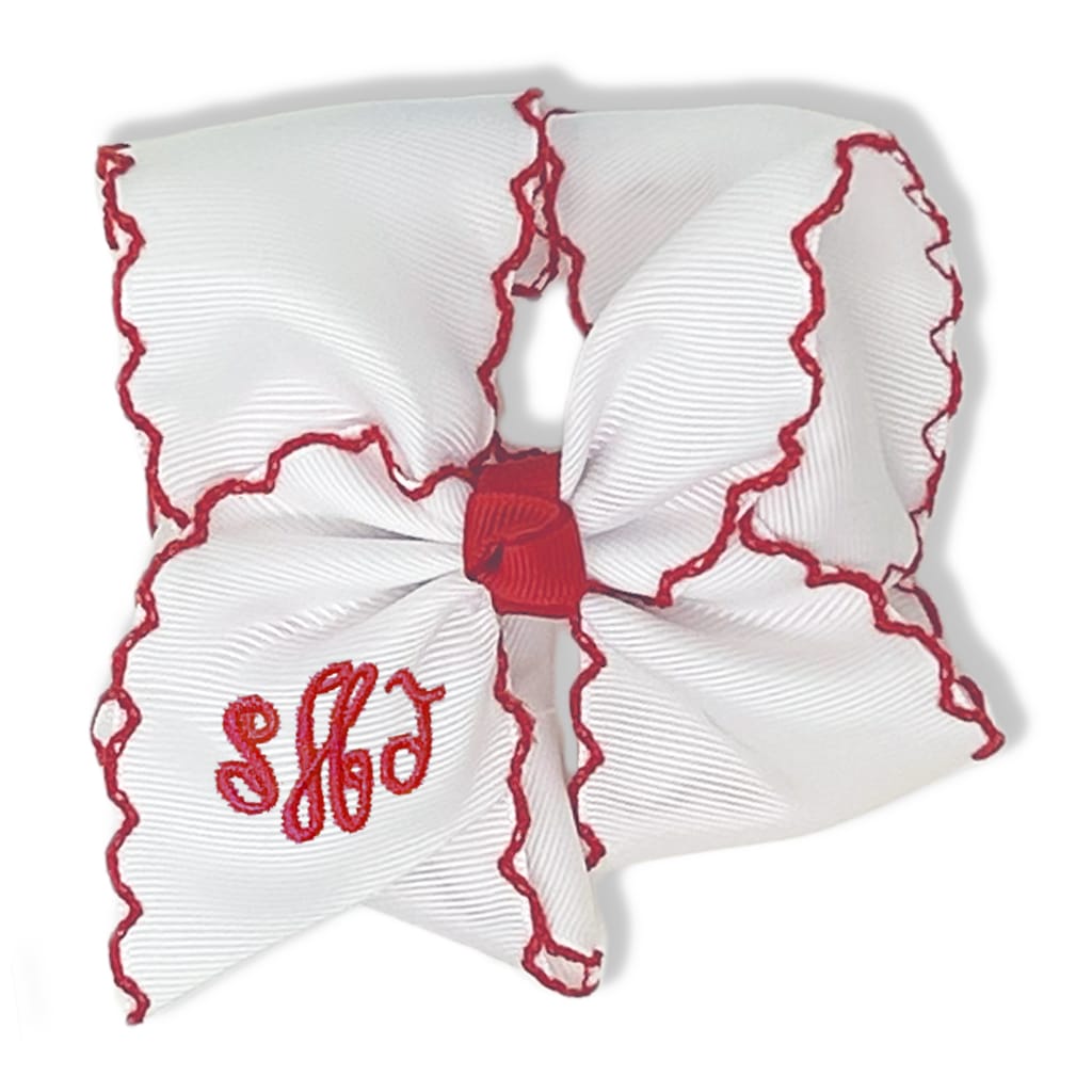 White Hair Bow with Red Moonstitch Trim and Red Monogram