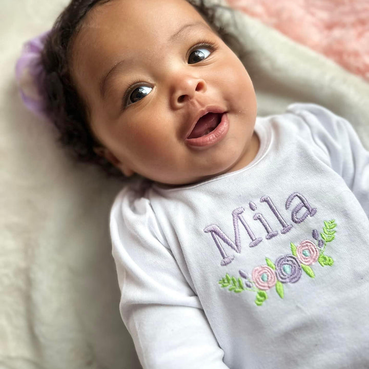 Embroidered Purple Floral Baby Onesie