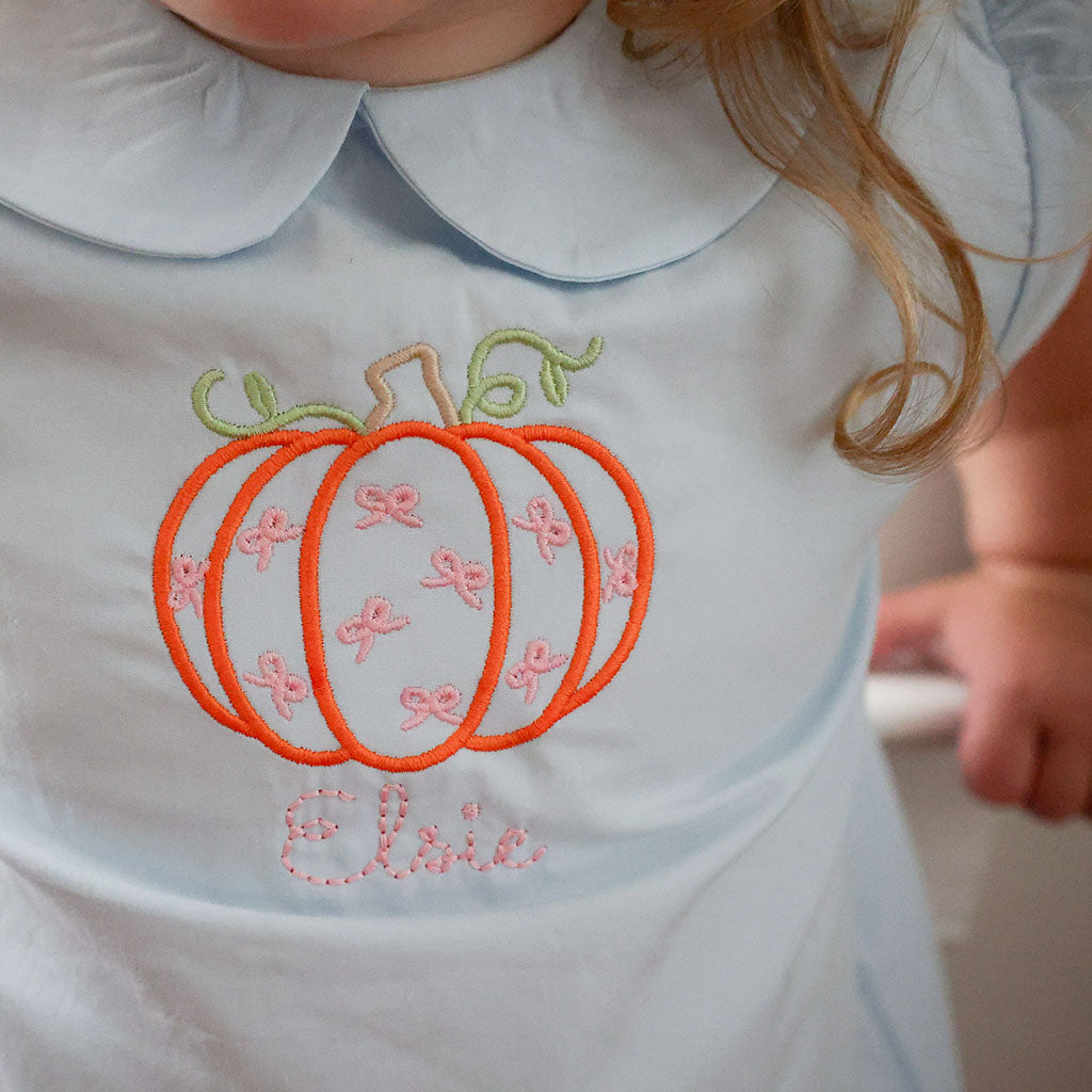 Girly Pumpkin and bows pale blue dress with personalized monogram