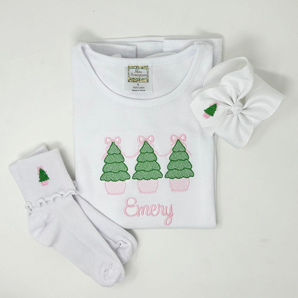 Preppy holiday tee for girls with Christmas embroidery and monogram option for Classic outfit