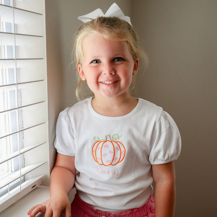 Thanksgiving Fall Tee Shirt for Girls with Pink Bows and Pumpkins