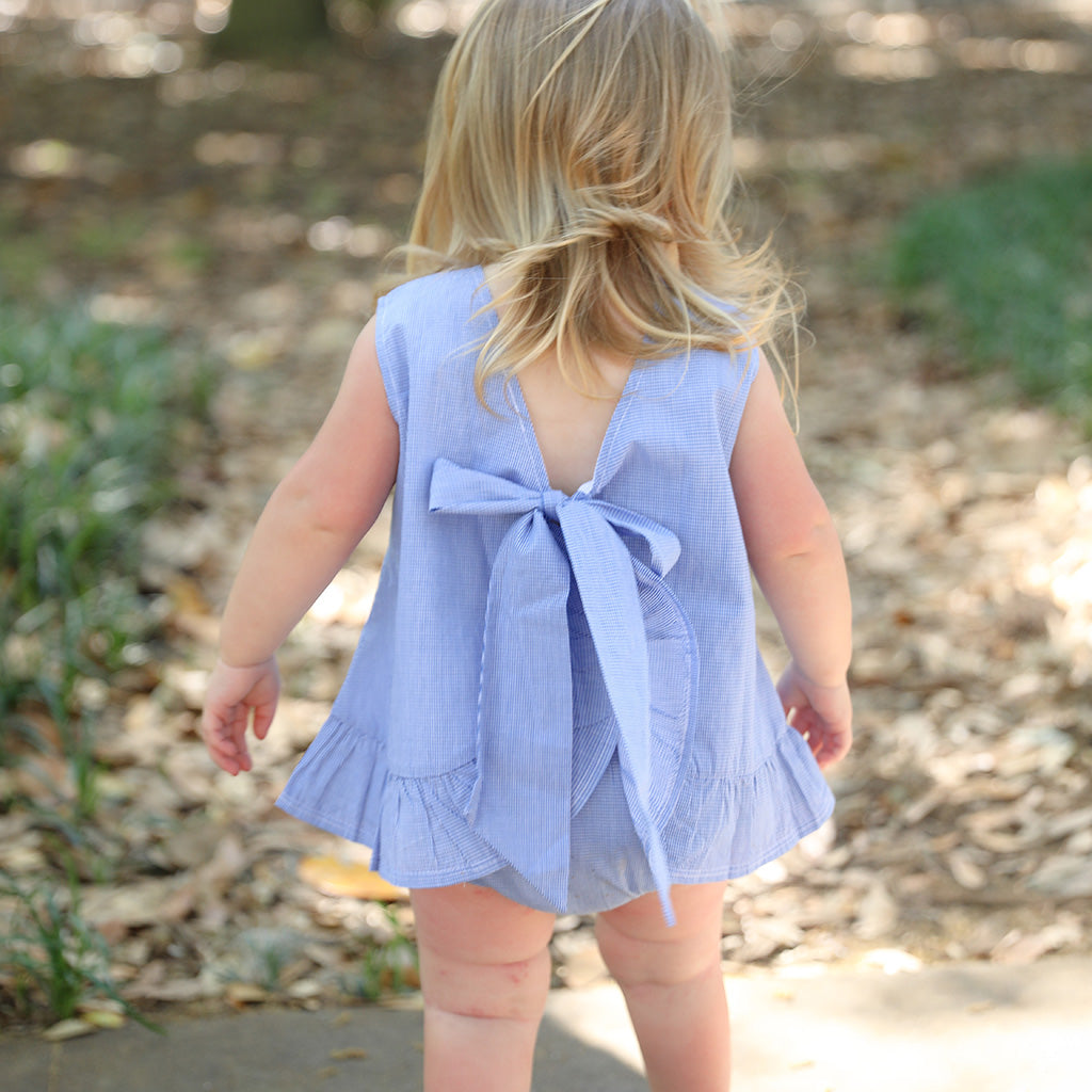 Blue Gingham Baby Bloomer Set that ties in the back