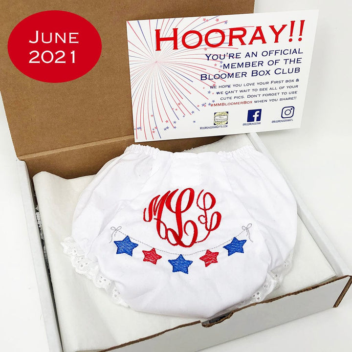 Bloomer Box Club June 2021 bloomer with patriotic embroidery.