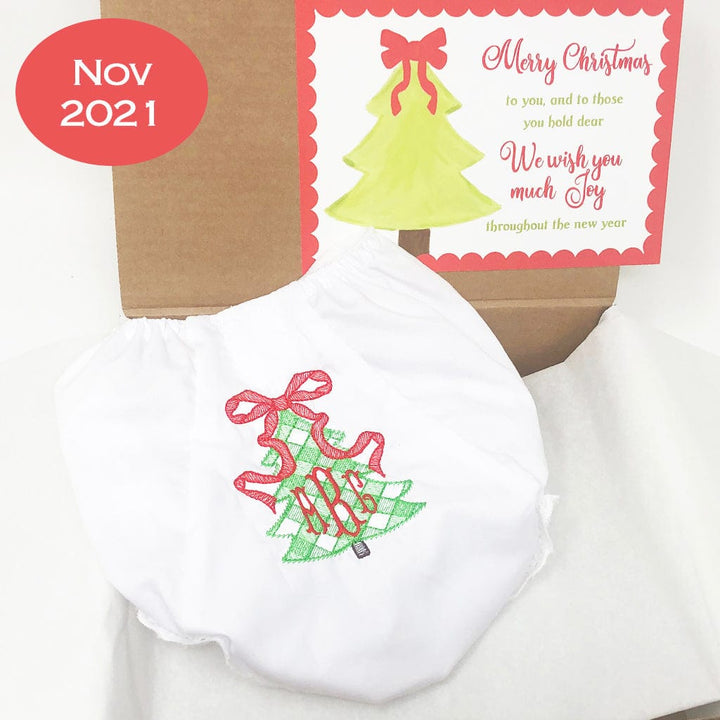 Christmas bloomer with embroidered tree, Nov 2021, in gift box.
