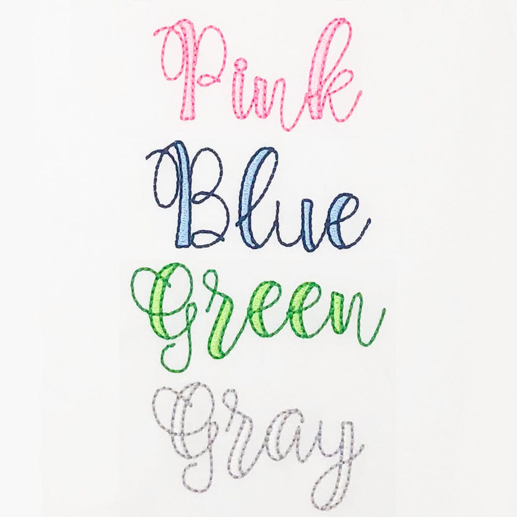 Pink, Blue, Green, Gray script