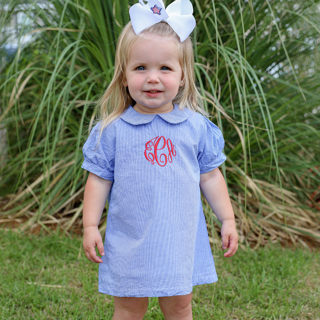 Blue Gingham Baby Dress with Red Monogram