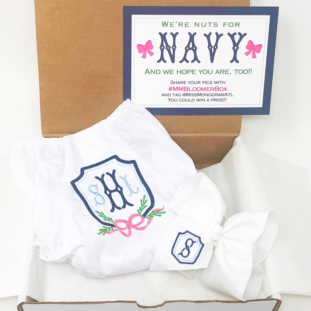 Navy-themed baby outfit in a box with monogram, IMG_7876