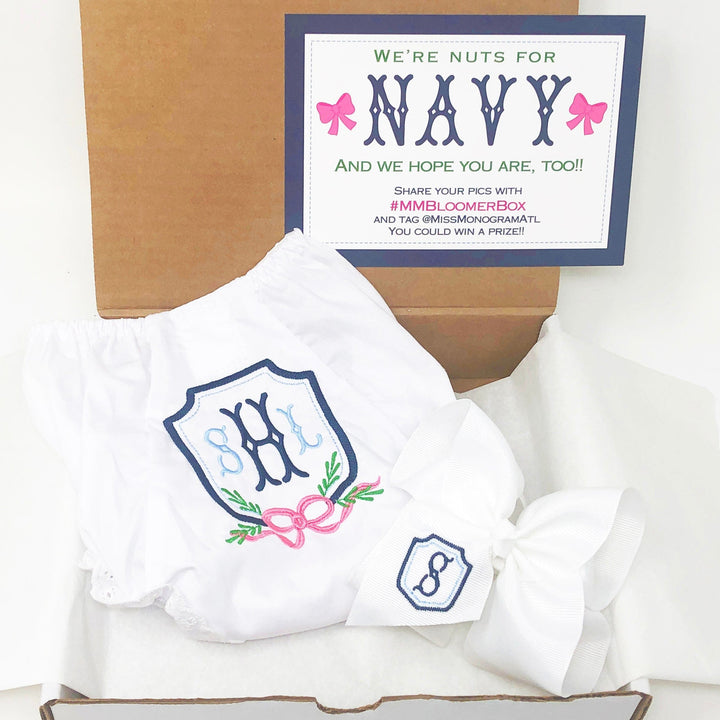 Navy-themed baby outfit in a box with monogram, IMG_7876