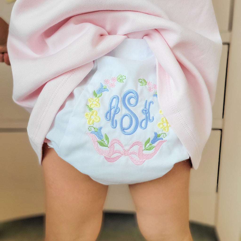 Floral Baby Bloomers with Pink Bow and Blue Monogram