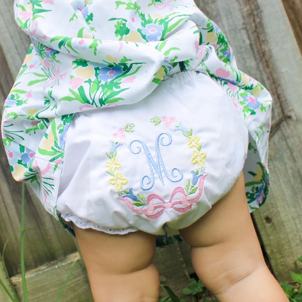 Personalized Floral Baby Bloomers with Pink Bow