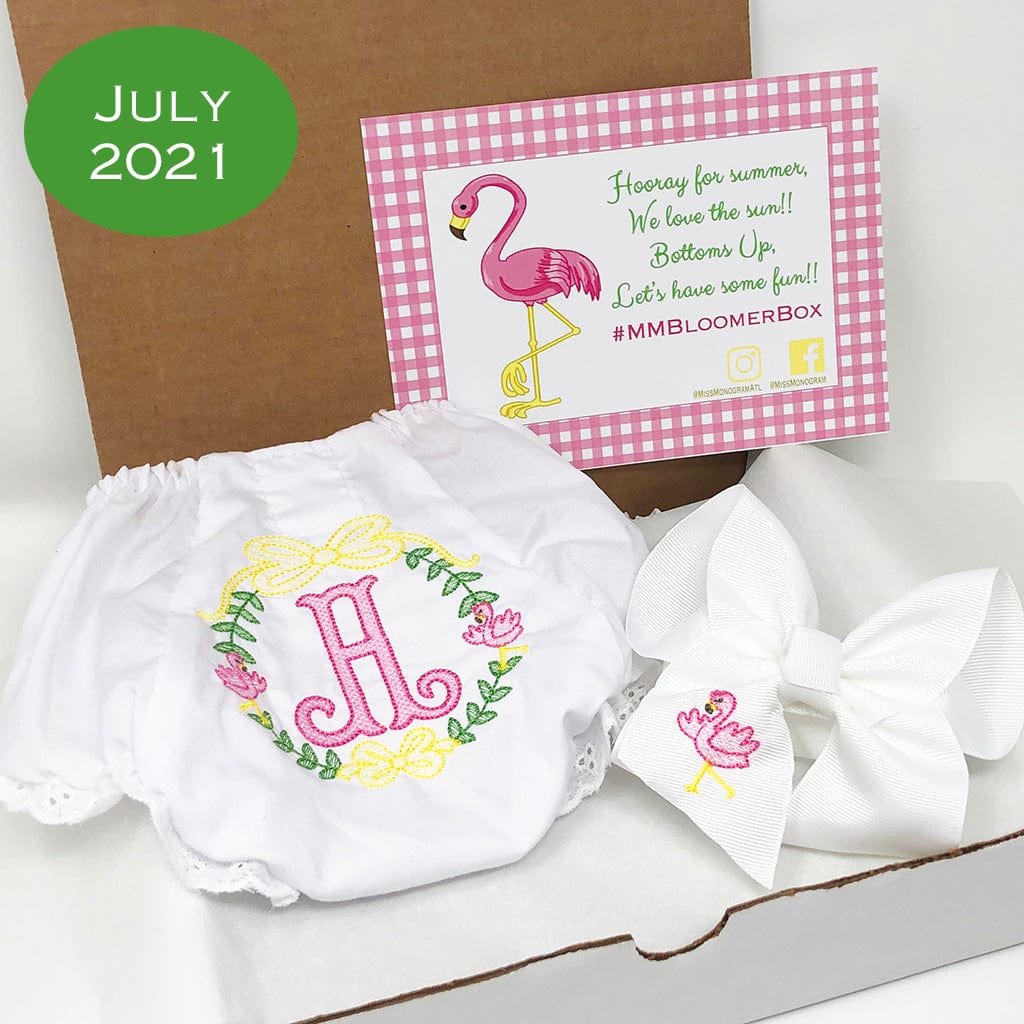 July 2021 Bloomer Box featuring flamingo-themed summer items.