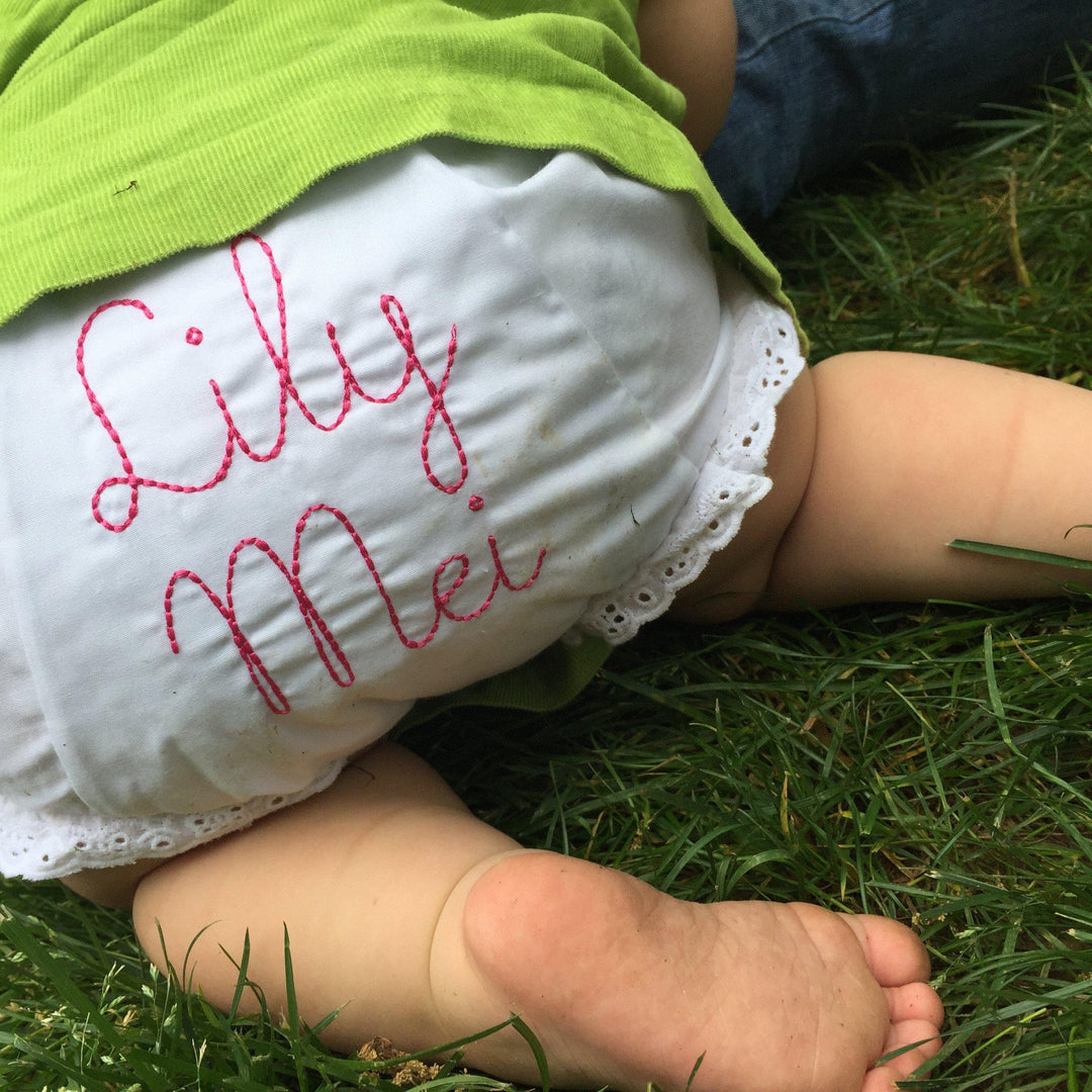 Monogrammed Toddler Bloomers with cursive font