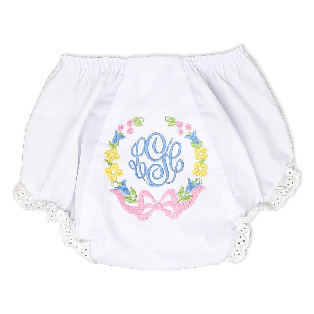 Monogrammed Floral Baby Bloomers with Pink Bow